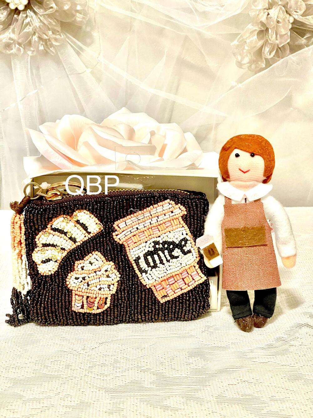 Sincerely Jules Beaded Coffee Croissant Mini Purse Keychain Small Barista